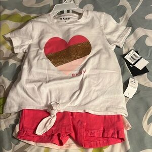 DKNY White Tee with Heart and Pink Shorts